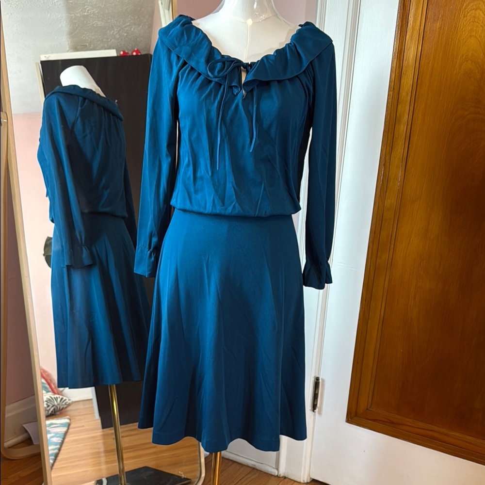 Vintage Elegant Blue Long-Sleeve Dress ruffle collar elastic waist midi